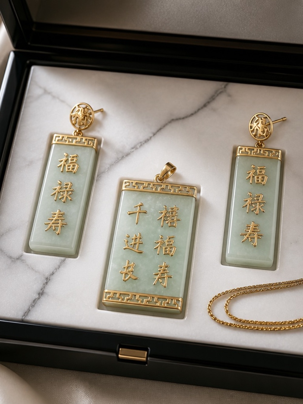 14k gold- Green Jade Pendant & Earrings Set - Elegant Women Jewelry